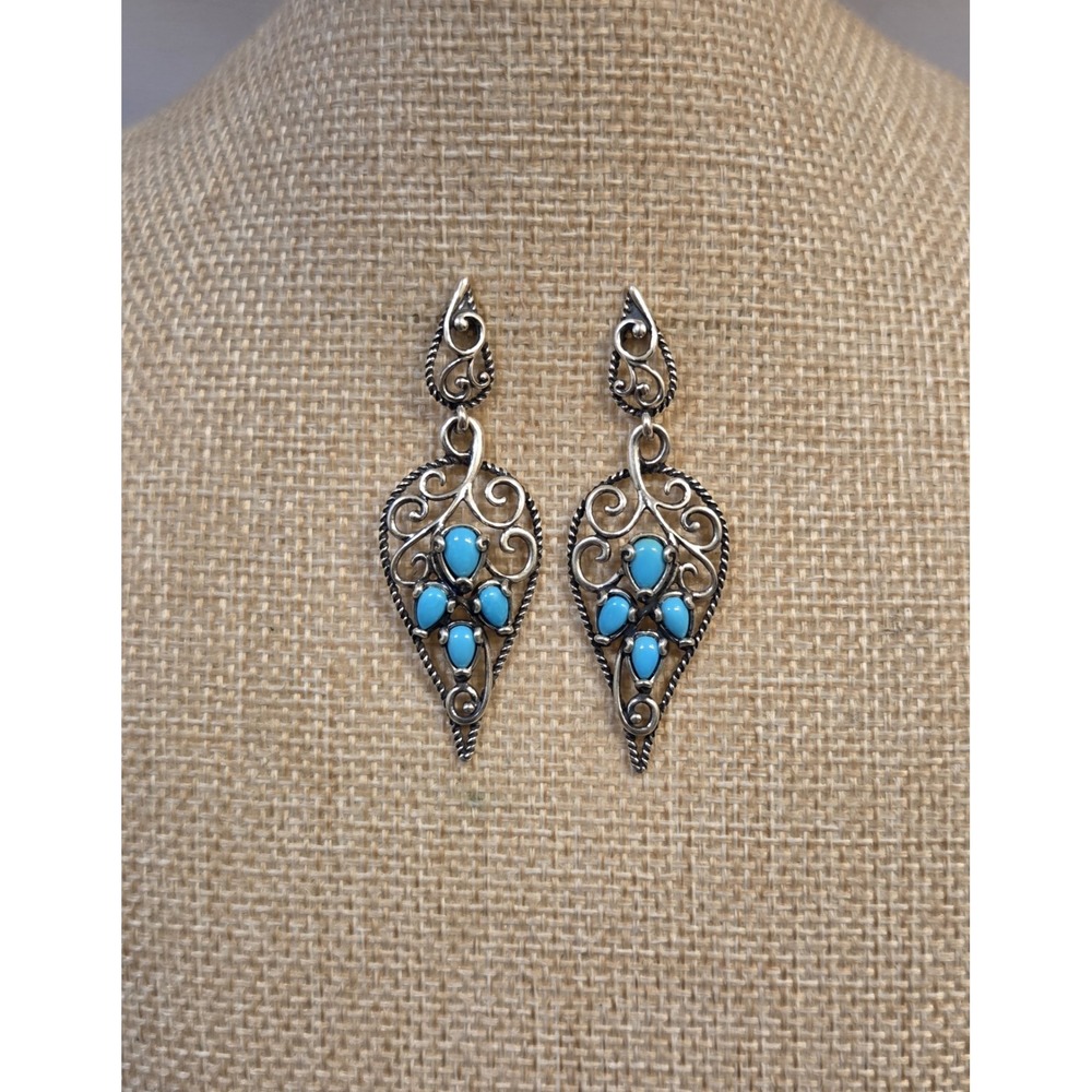 Long Retired Carolyn Pollack Sterling Silver & Turquoise Dangle Earrings Relios